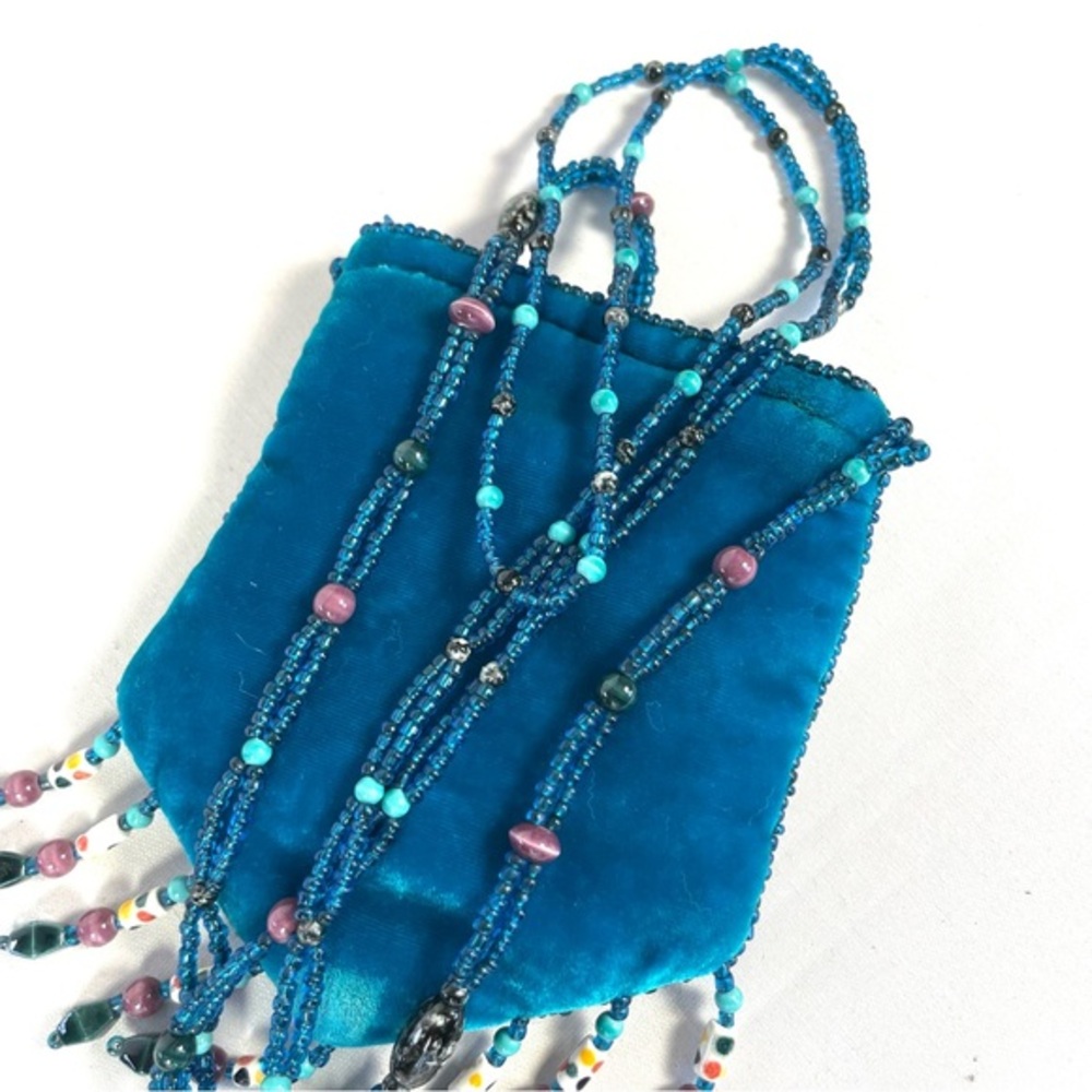 Turquoise Silk Velvet Beaded Crossbody Coin Purse Boho Festival Bag - Picture 4 of 7